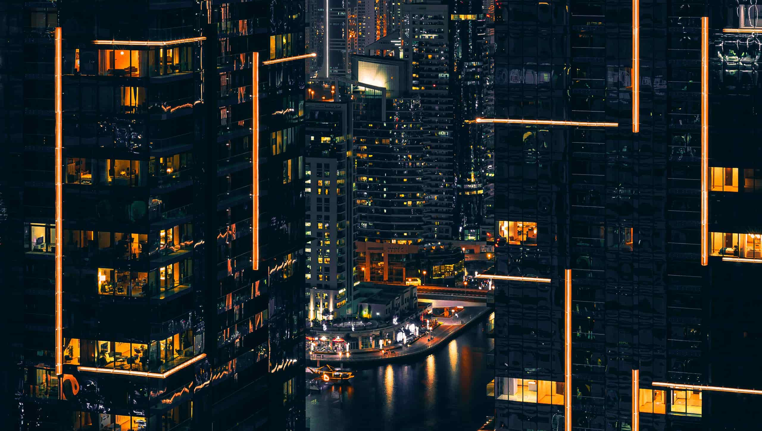 A city skyline at night
